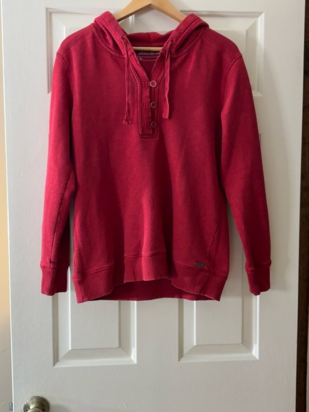Eddie Bauer Women's Red Hooded Henley Fleece Pullover Sweatshirt Size M